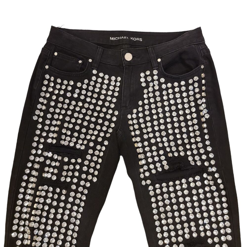 Michael Kors Jeans Womens Size 2 Black Denim Rhinestones Distressed Rocker Glam‎ - Picture 6 of 11